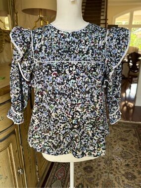 Floral Pintuck Ruffle Sleeve Top - Navy Multi